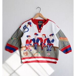 Vintage Berek 1989 Hand Knit Baseball Sweater Henley Red White Blue XL